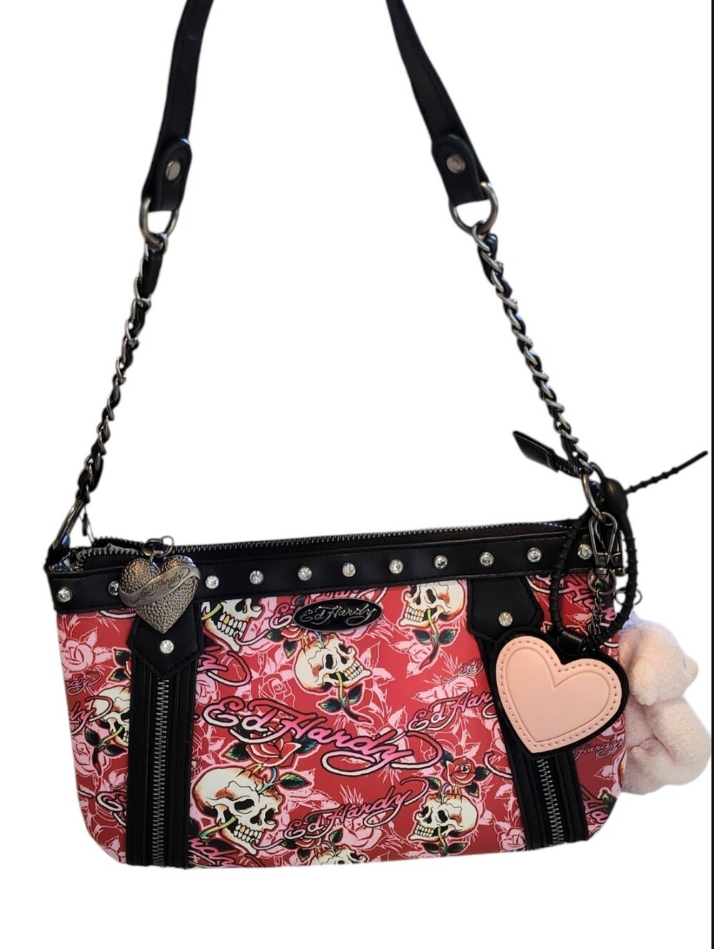 Ed Hardy Red Black Pink Skull Tiger Jeweled Purse With Heart Teddy Bear Keychain